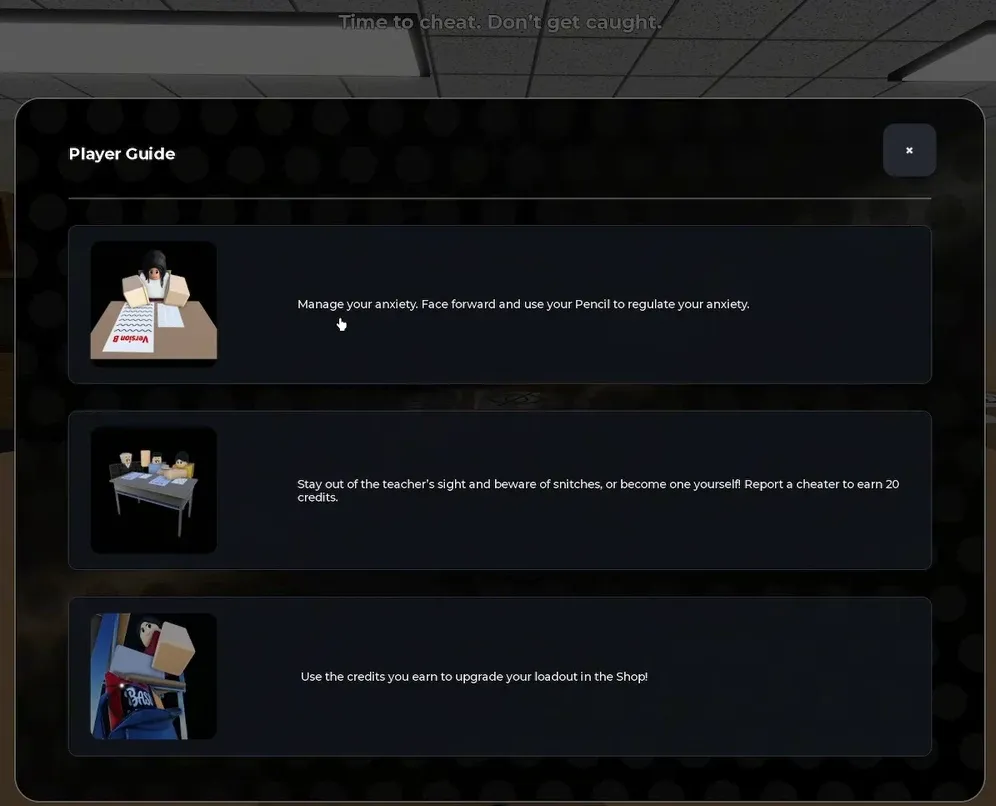 Player Guide menu listing anxiety, teacher sight, snitching and shop upgrade rules