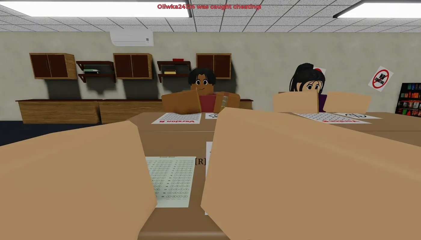 Classroom desk view with the Open Answer Sheet prompt on screen