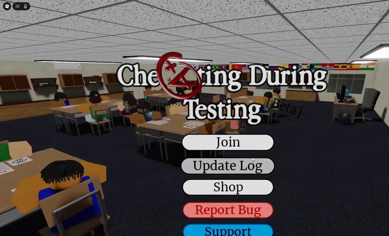 Cheating During Testing main menu with Join, Update Log, Shop, Report Bug and Support