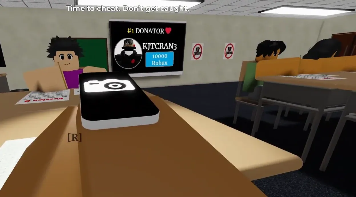 Camera phone ready with the [R] prompt and Take Photo control during the teacher's attack on another student