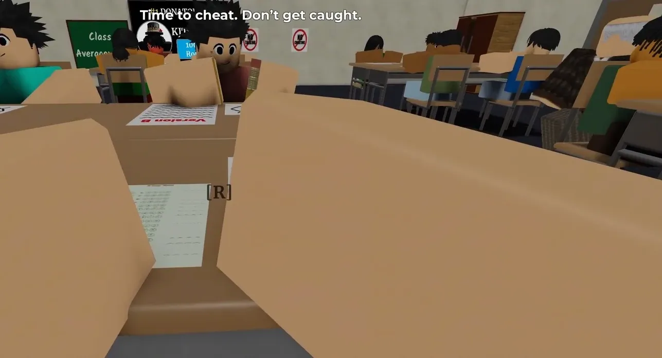 Pressing R to open the answer sheet while a classmate in front blocks the passing teacher's view