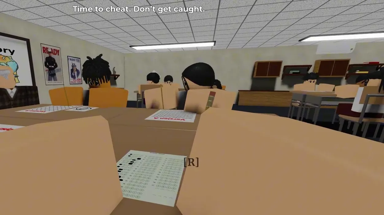 Classroom view with the [R] Open Answer Sheet prompt while the teacher sits nearby with head turned