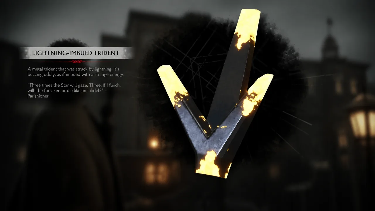 Item screen showing the charged Trident with its weapon description and lore
