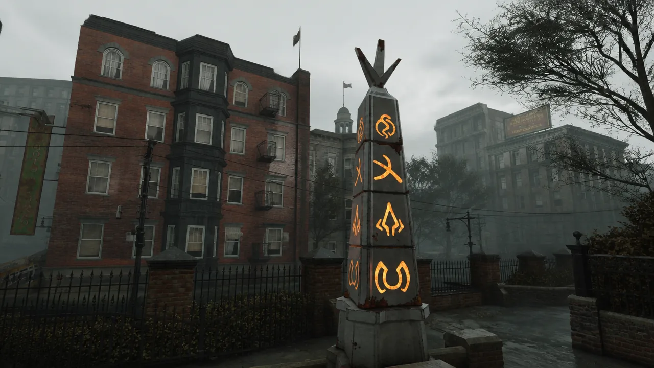 The four obelisk sections set to snake, spear, arrow and horn from top to bottom