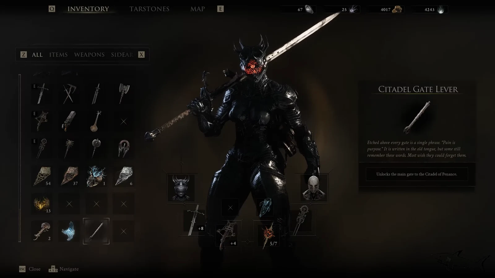 Inventory menu highlighting the Citadel Gate Lever and its description