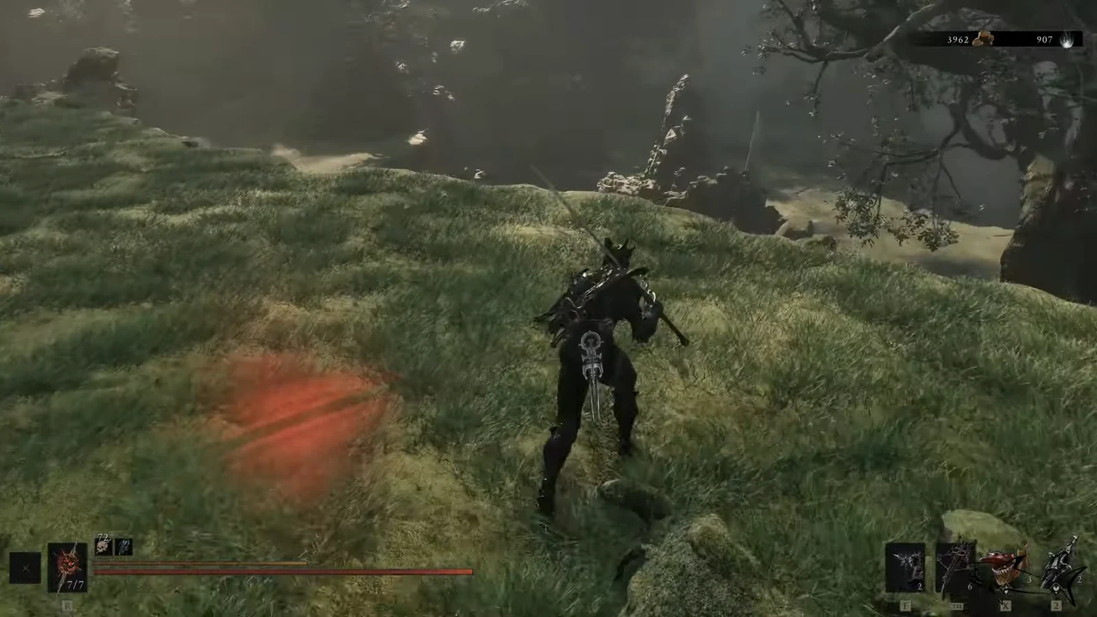 Player character running through a grassy area beside a glowing red trail