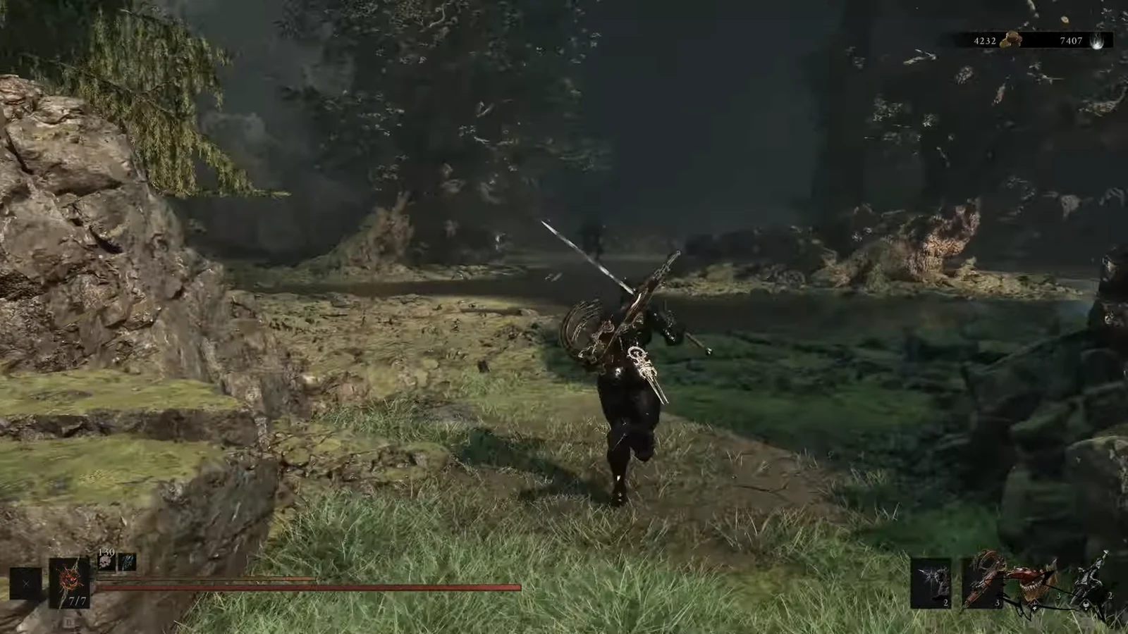 Black-armored character running with dual weapons through a mossy rocky clearing
