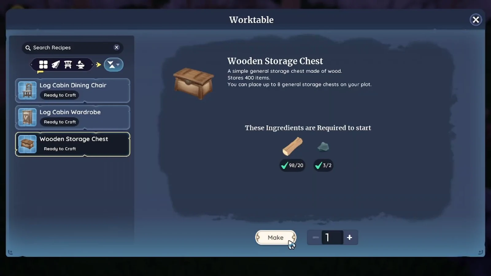 Worktable crafting screen with a Wooden Storage Chest recipe selected and the Make button ready