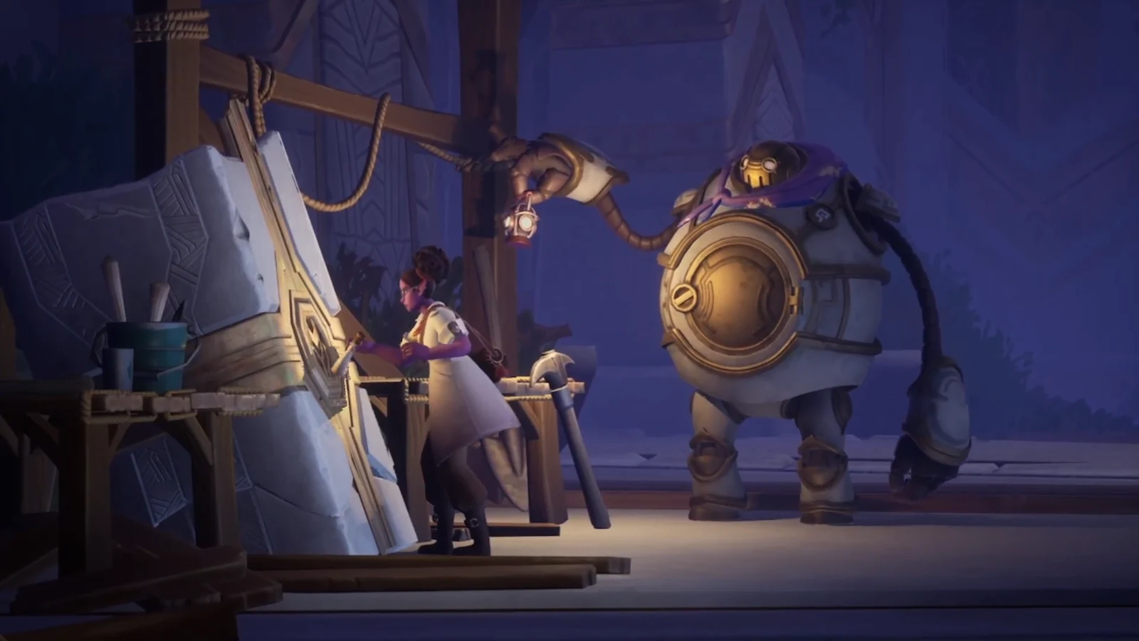 Player character materializing in front of the giant phoenix statue as Jina and Hekla look on
