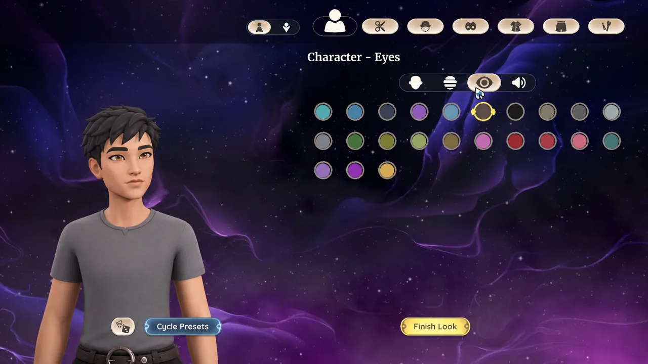 Palia character creation Eyes tab with a yellow eye-color swatch being selected