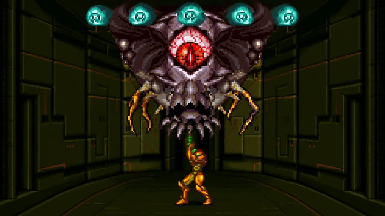 Samus Aran fighting the Phantoon in Super Metroid
