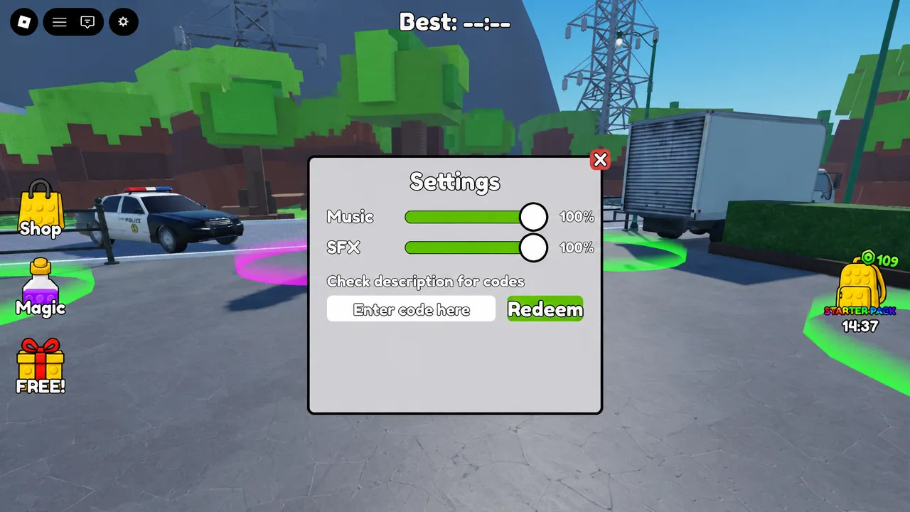 Settings menu in Clean The Bank showing the code entry field and green Redeem button