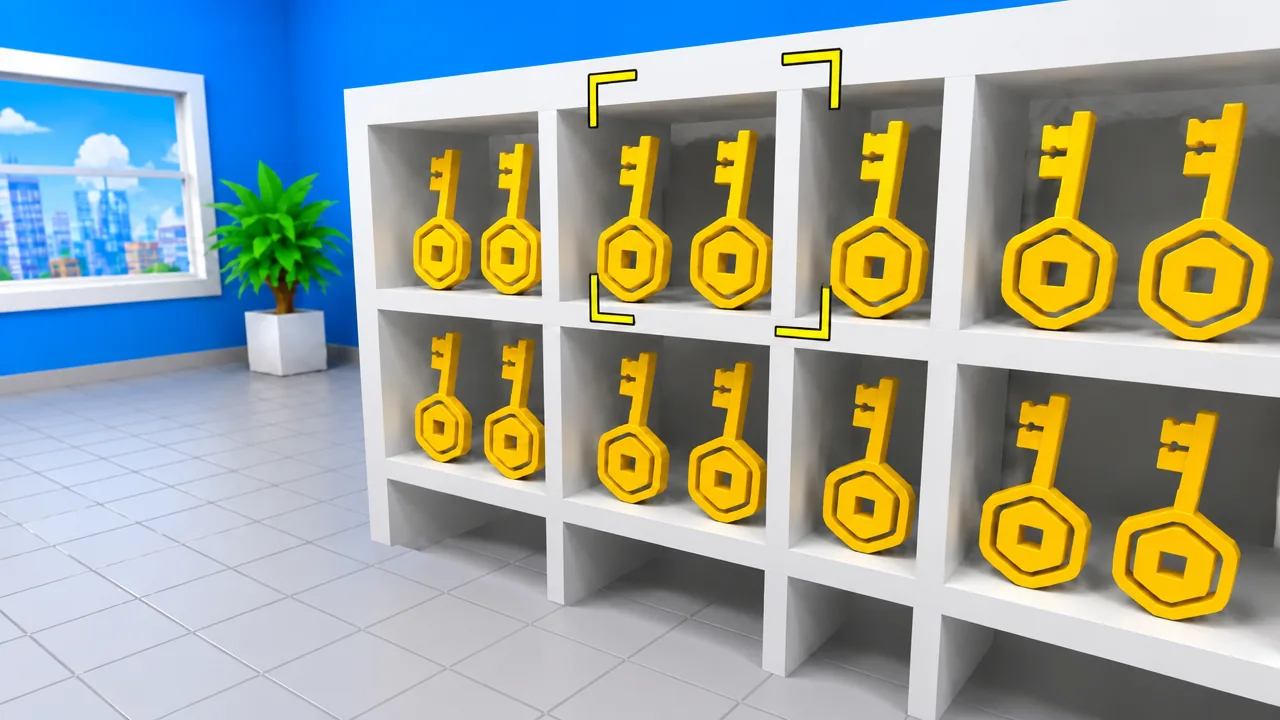 Yellow brackets highlight a shelf compartment holding two golden keys in Clean The Bank