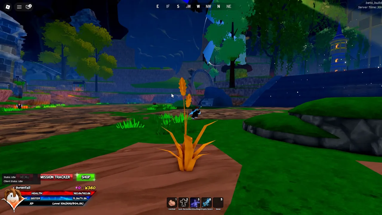 Player standing in a courtyard with the mission tracker and shop buttons on the HUD