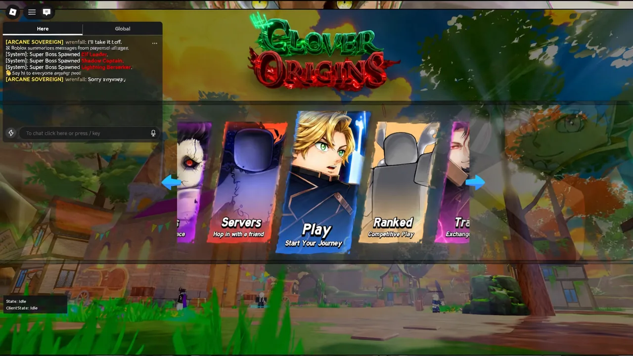Clover Origins main menu with the Play button in the center of the screen