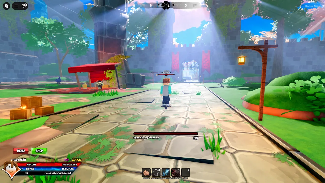Player moving toward the World 3 castle gate with the travel speed bar and dash prompt on screen