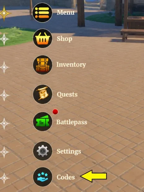 In-game menu with the Codes option highlighted before opening the redemption window