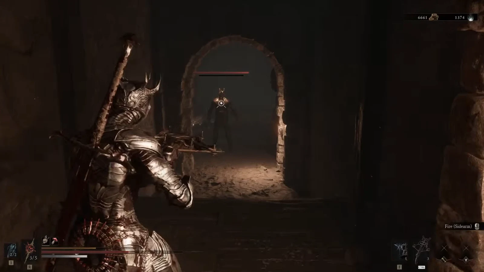 Armored player aiming a sidearm at a miner enemy through a stone archway inside the mine