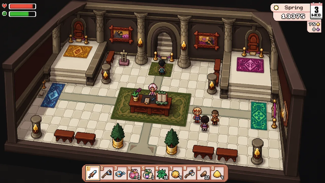 Player standing near the central desk inside the museum hall