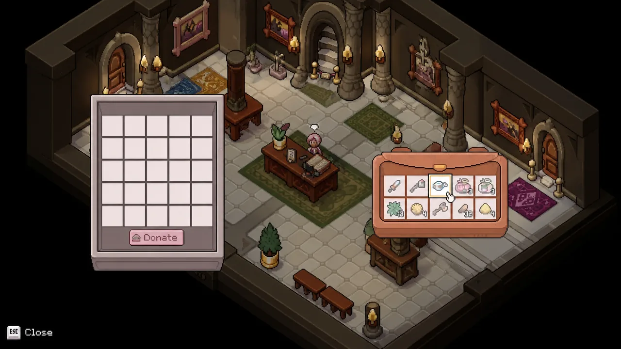 Donation menu open with a ring-like item highlighted for donation