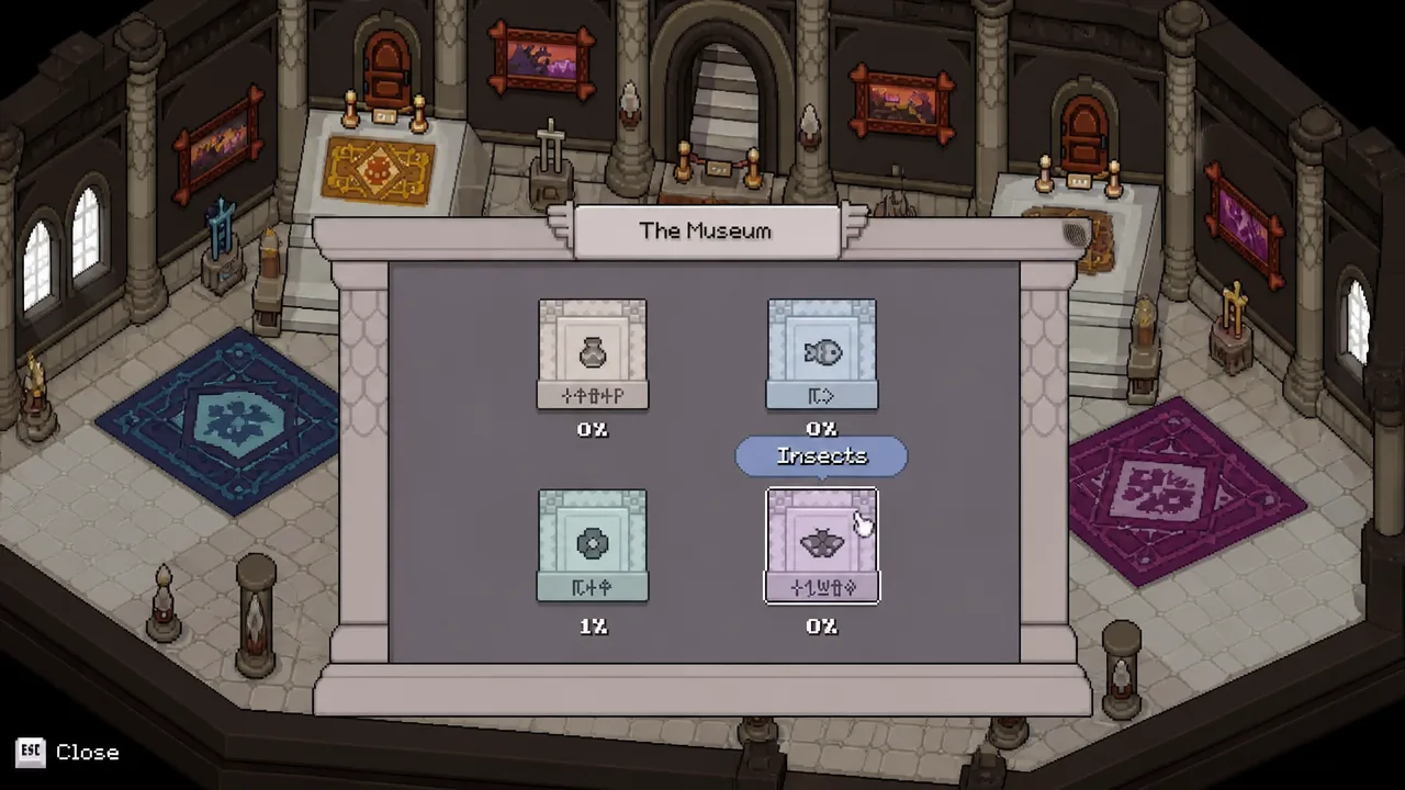 Museum screen showing four collection tiles with completion percentages