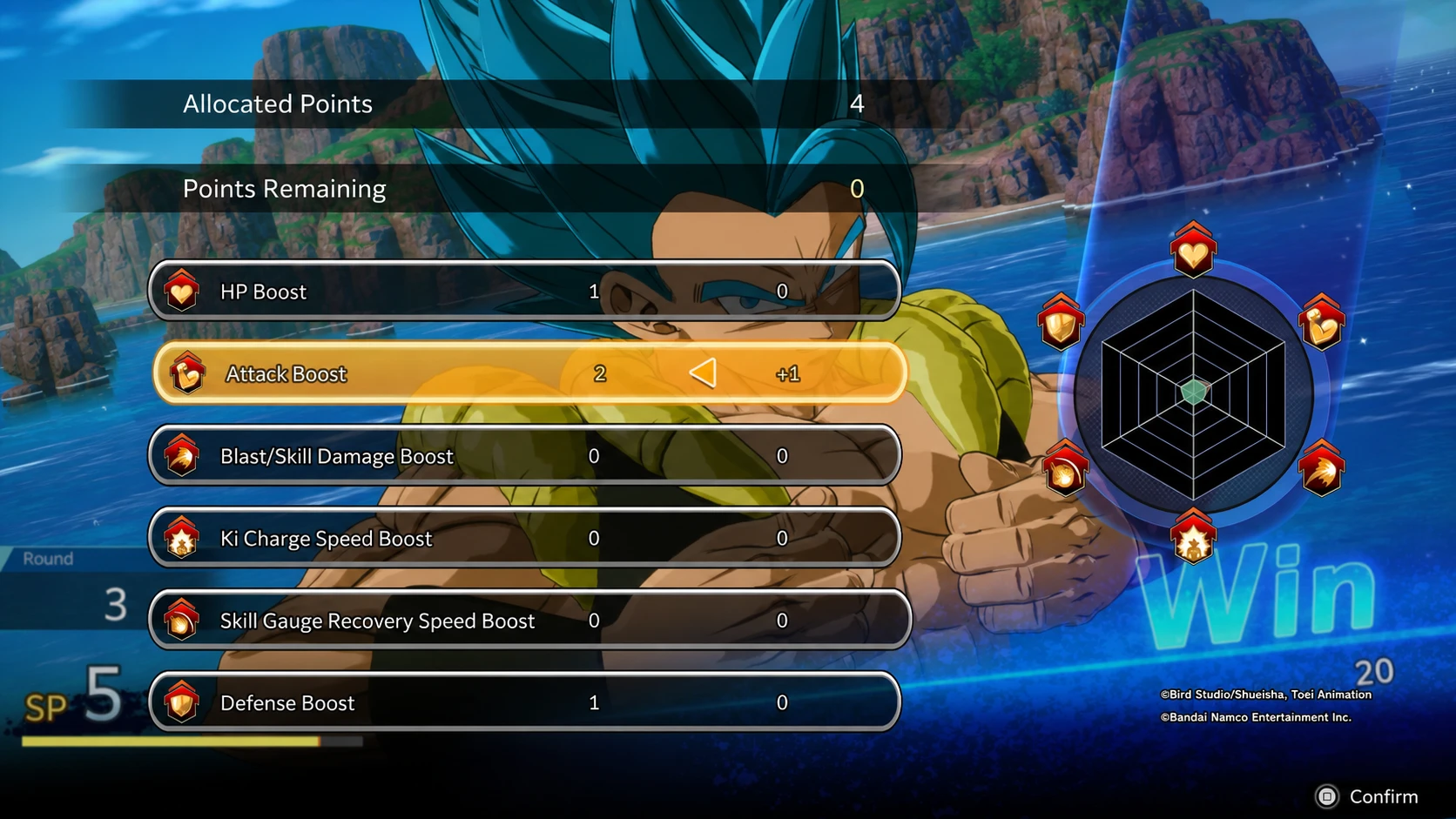 Using SP points to level up Gogeta in Dragon Ball: Sparking Zero's Limit Breaker Journey mode