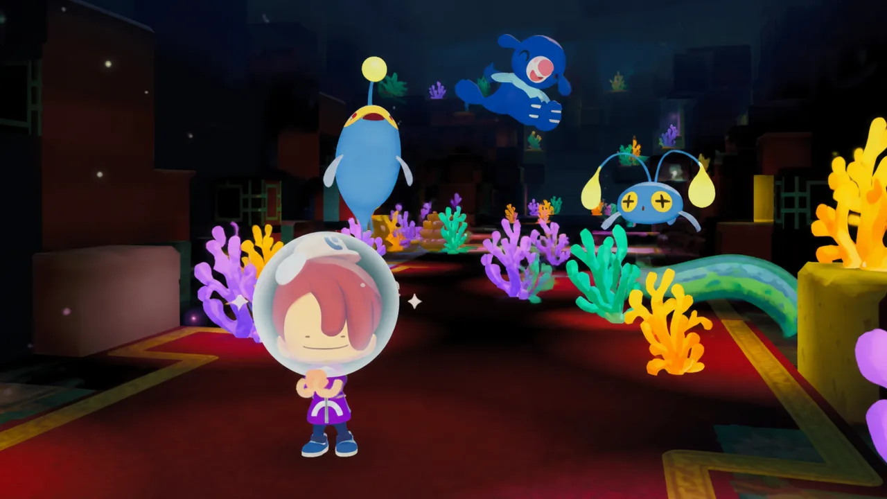 Ditto exploring dark underwater area with Pokémon in Pokopia