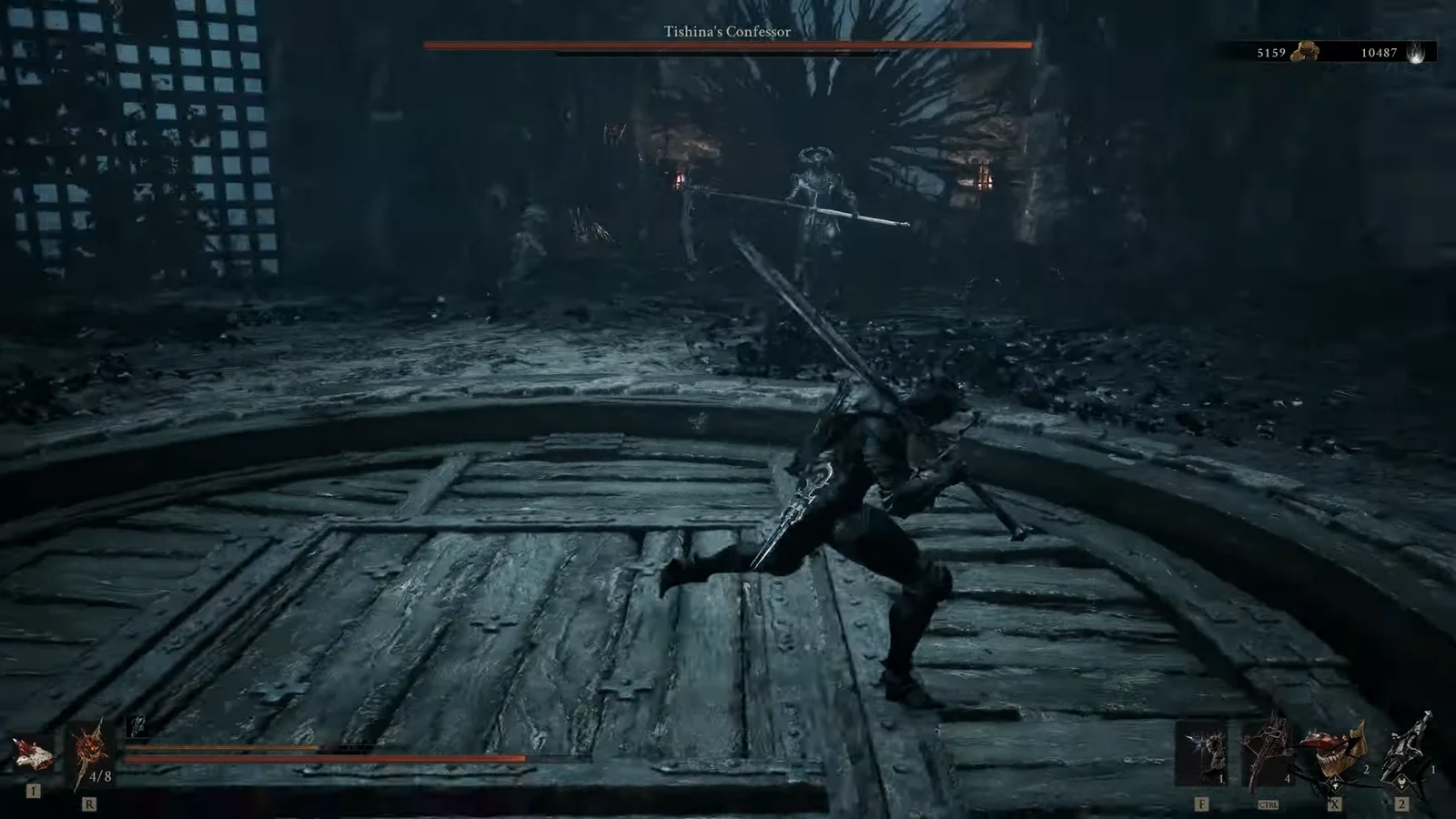 Player fighting Tishina's Confessor inside a dark circular arena