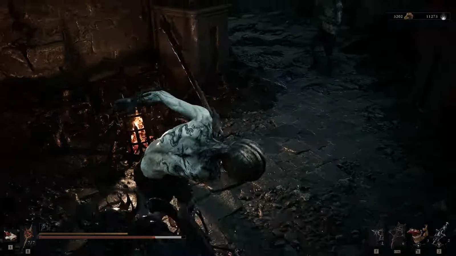 Player swinging a melee weapon at a pale tattooed enemy in a dark Prisoner's Domain corridor