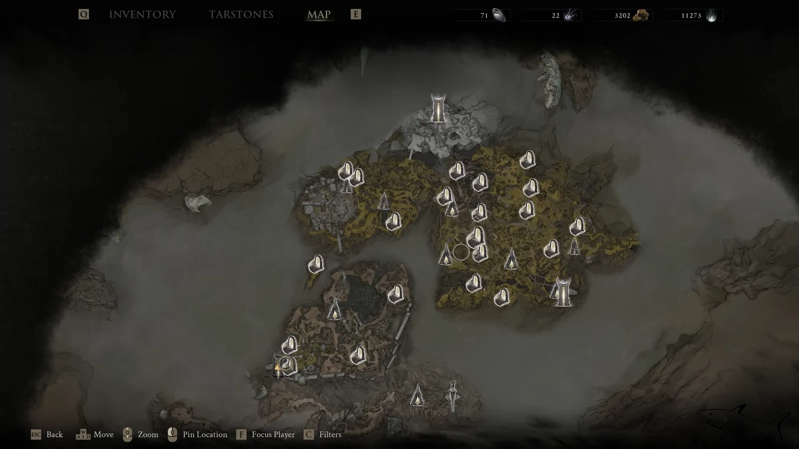 World map screen with discovered markers, showing the route from Nochtean Gate toward the corrupted gate