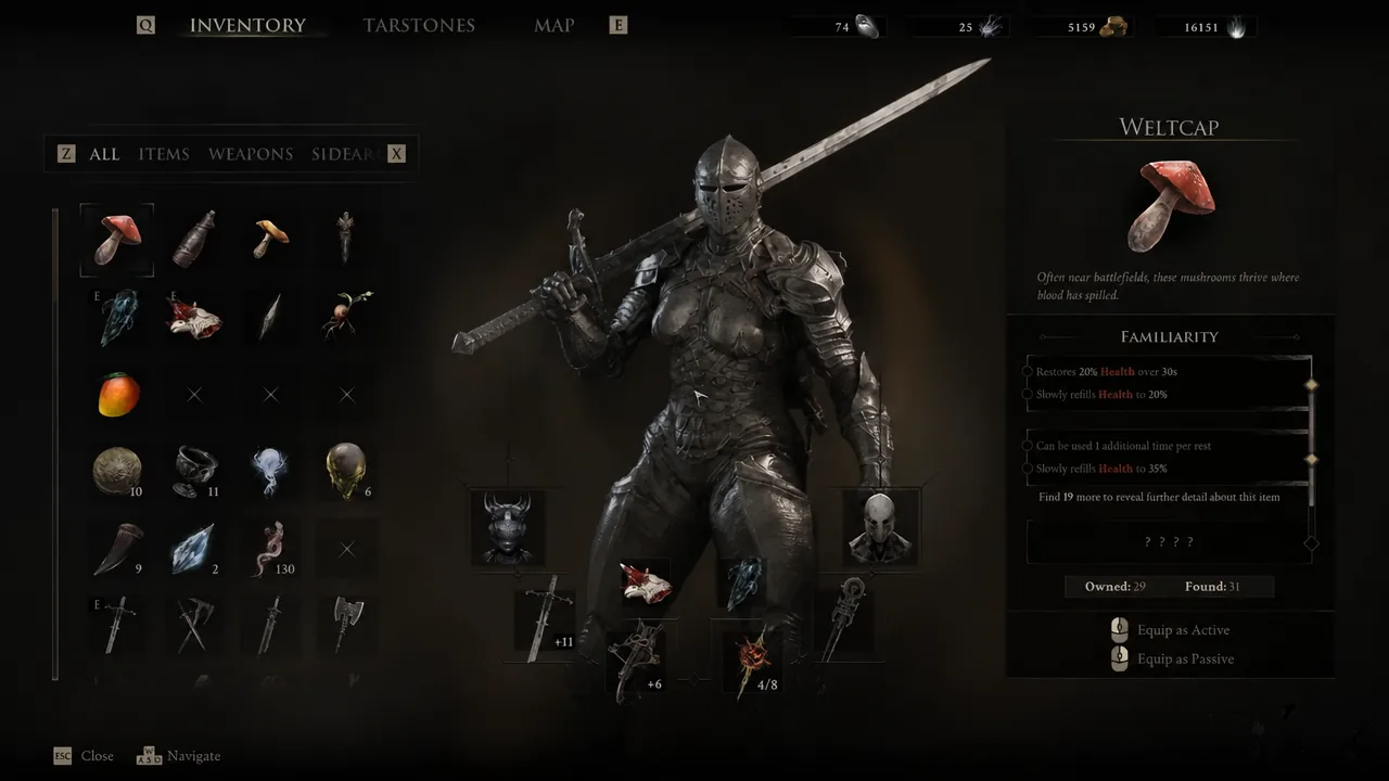 Inventory screen with an item highlighted and its details and options shown on the right
