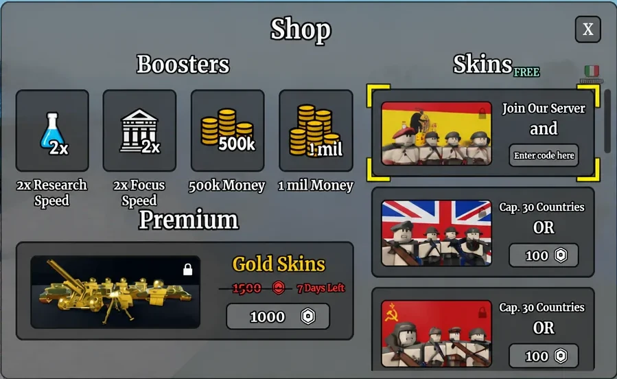 Shop panel showing the code entry field for redeeming rewards in Conquer The World WW2