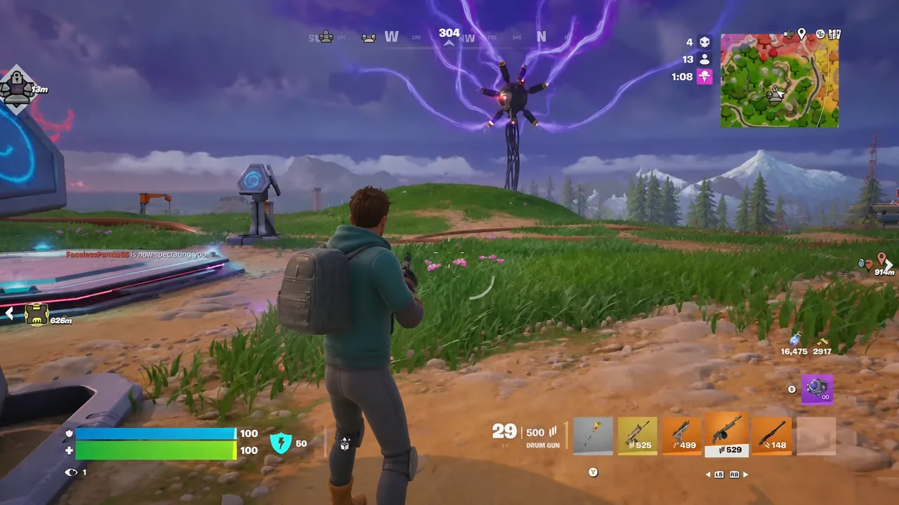 Drum Gun selected in the Fortnite inventory bar while the player aims across a grassy field