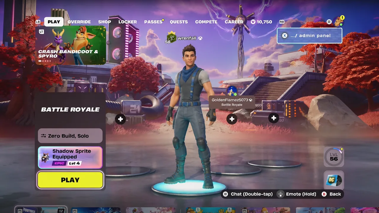 Fortnite Battle Royale lobby with the yellow play button highlighted and Zero Build Solo selected