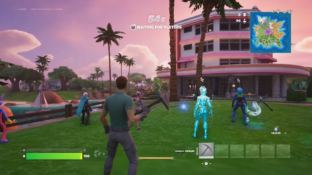 Fortnite pre-game island with a 54-second waiting for players countdown and the pickaxe slot selected
