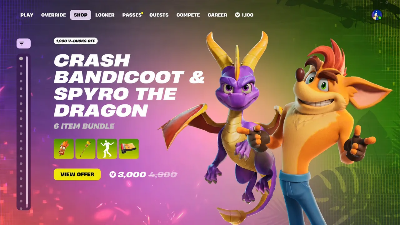 Fortnite Shop tab open on the Crash Bandicoot and Spyro the Dragon bundle offer