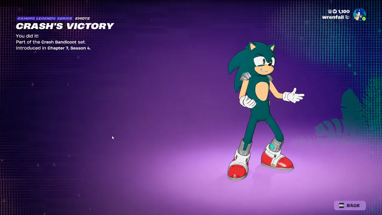 Crash's Victory emote preview playing on the item detail screen