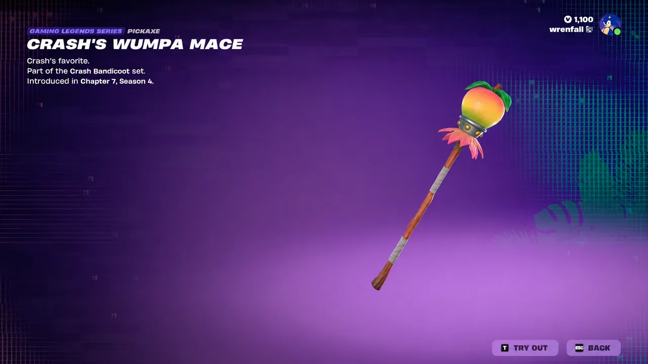 Crash's Wumpa Mace item screen with the Try Out button highlighted