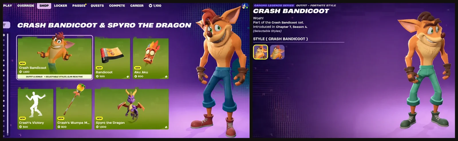 Side-by-side of the Crash Bandicoot shop listing and the outfit's style selection screen