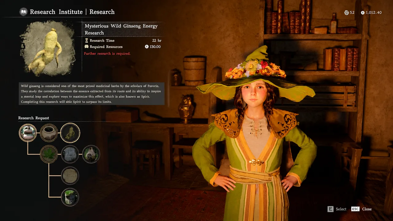 Research Institute screen showing Mysterious Wild Ginseng Energy Research and its required resources