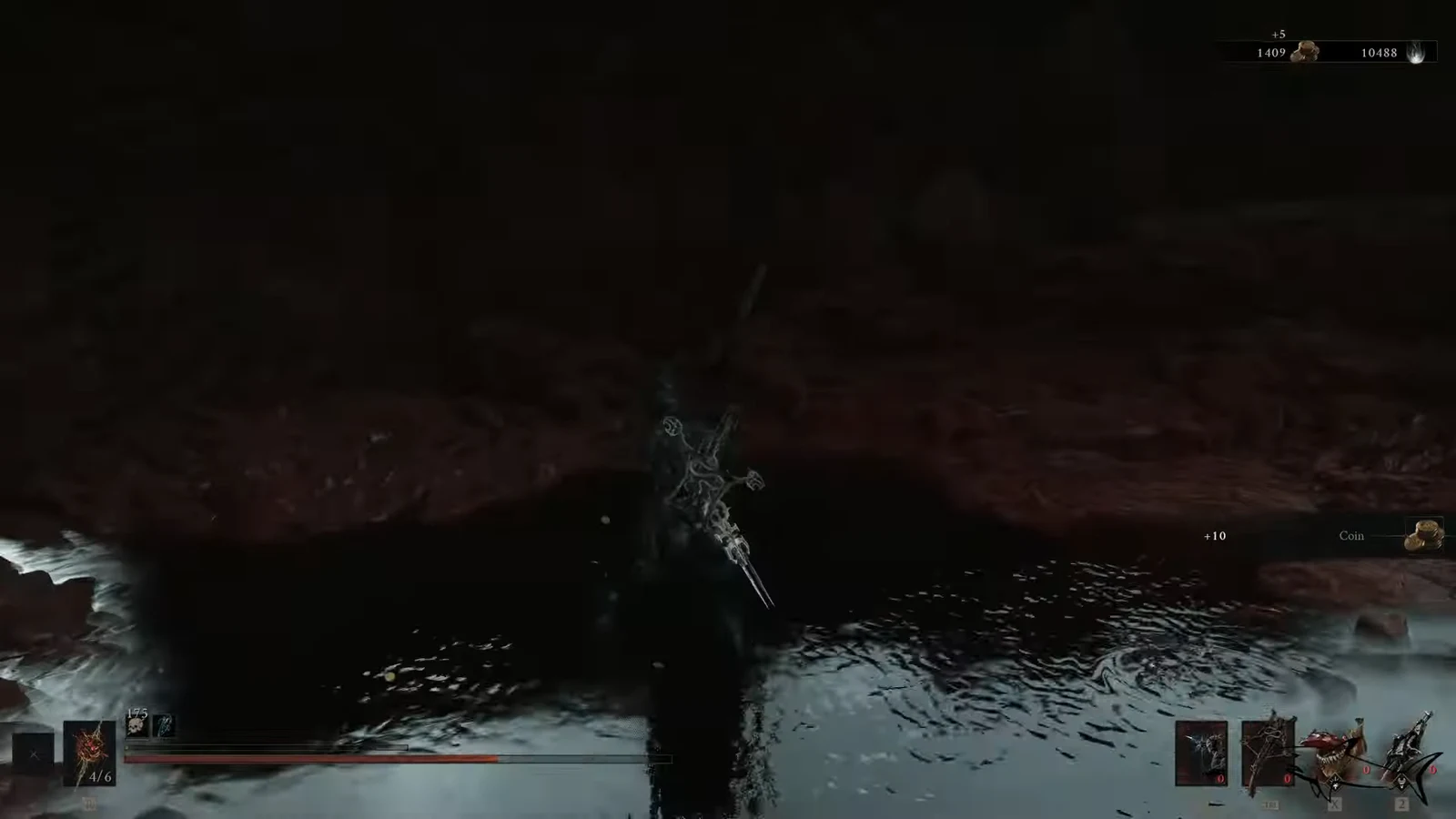 Character collecting a coin in shallow water near the lower ledge chest