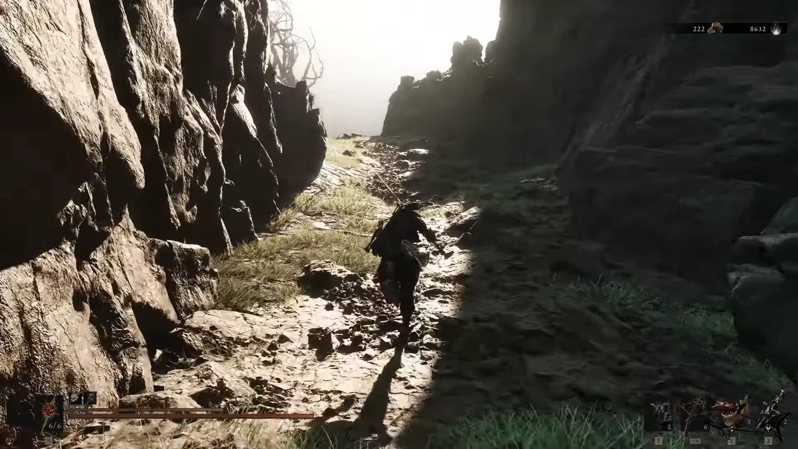 Harbinger running along a rocky canyon path with the HUD visible