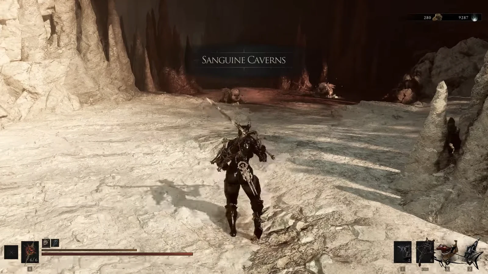 Sanguine Caverns area title displayed as the character nears the cave entrance