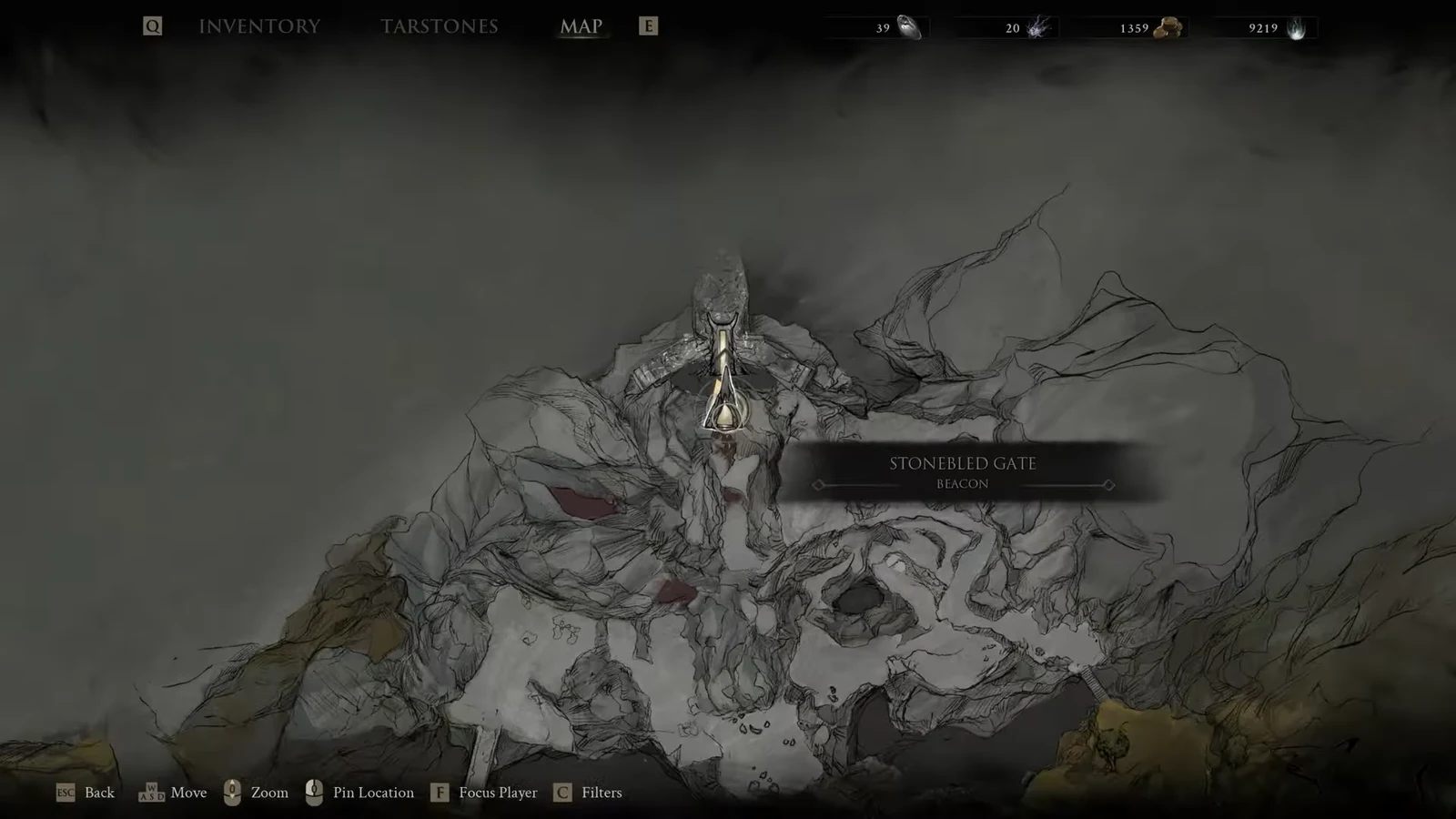 Map centered on the Stonebled Gate beacon after cleansing it