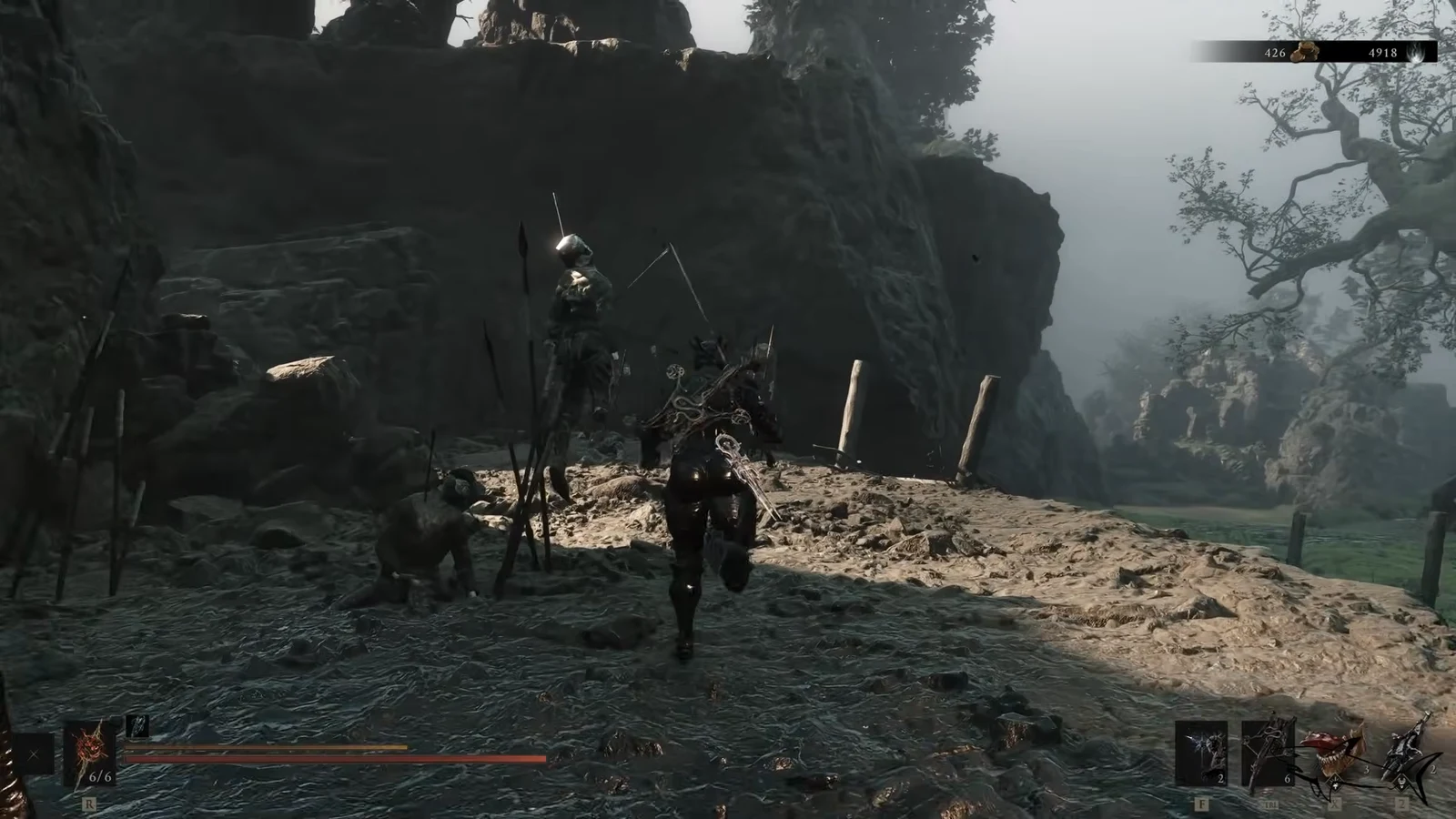 Armored character advancing on a spear-wielding enemy in the Blackridge Cliffs