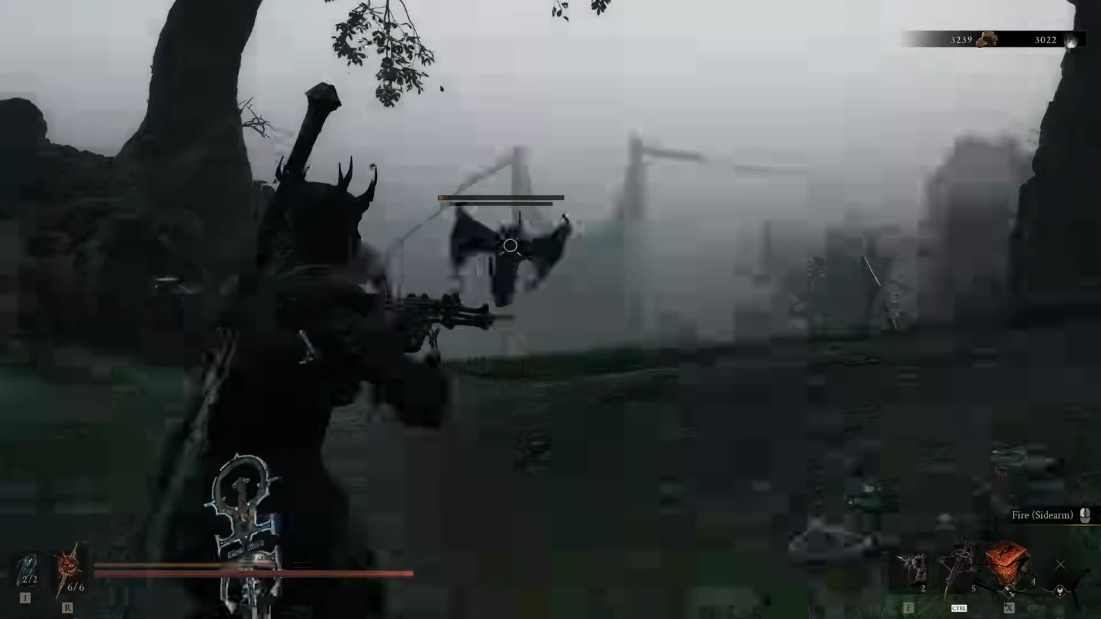 Player aiming a sidearm at a flying enemy with the Fire prompt on screen