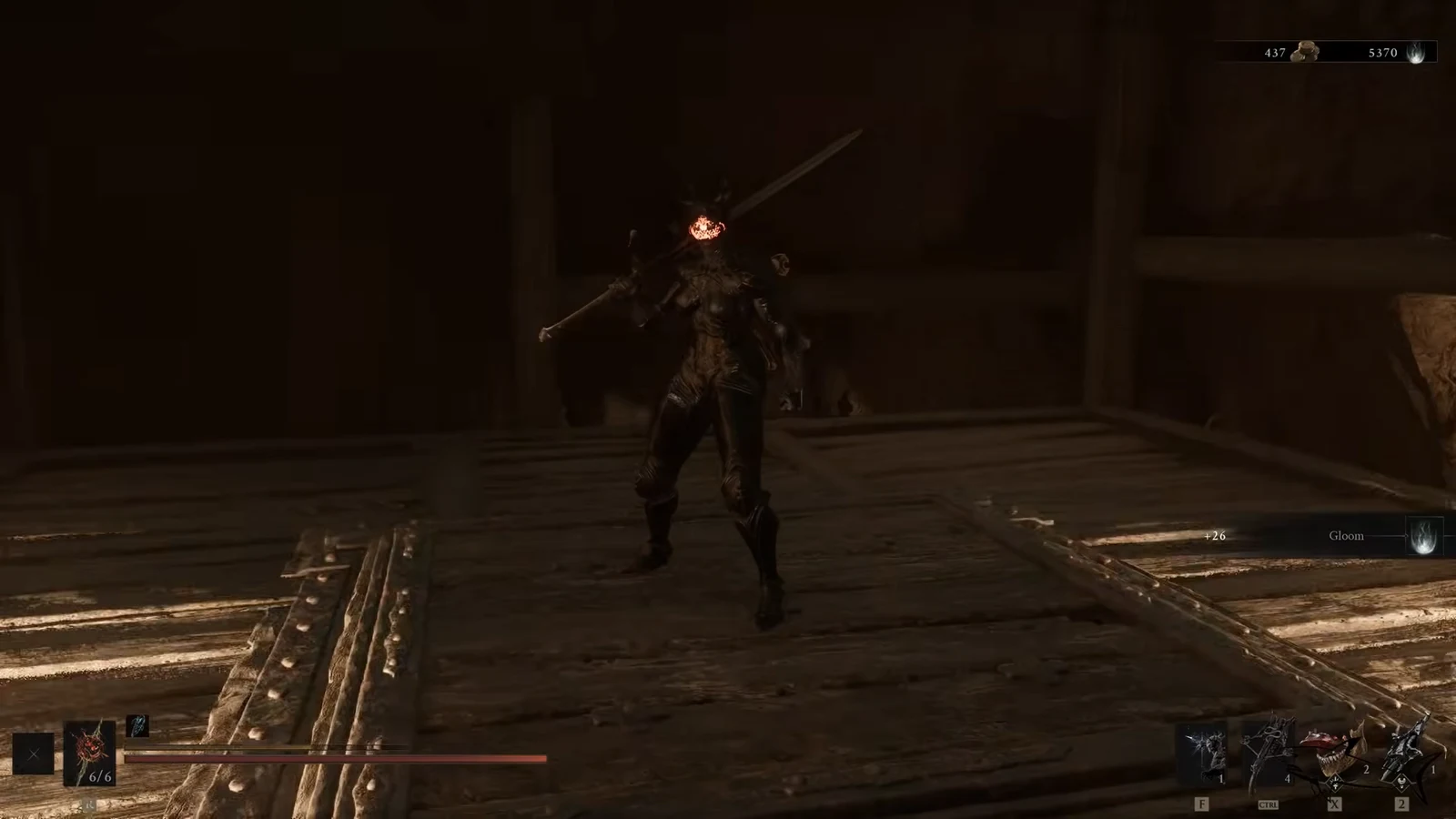 Sword-wielding character facing a glowing-headed armored enemy on a wooden platform