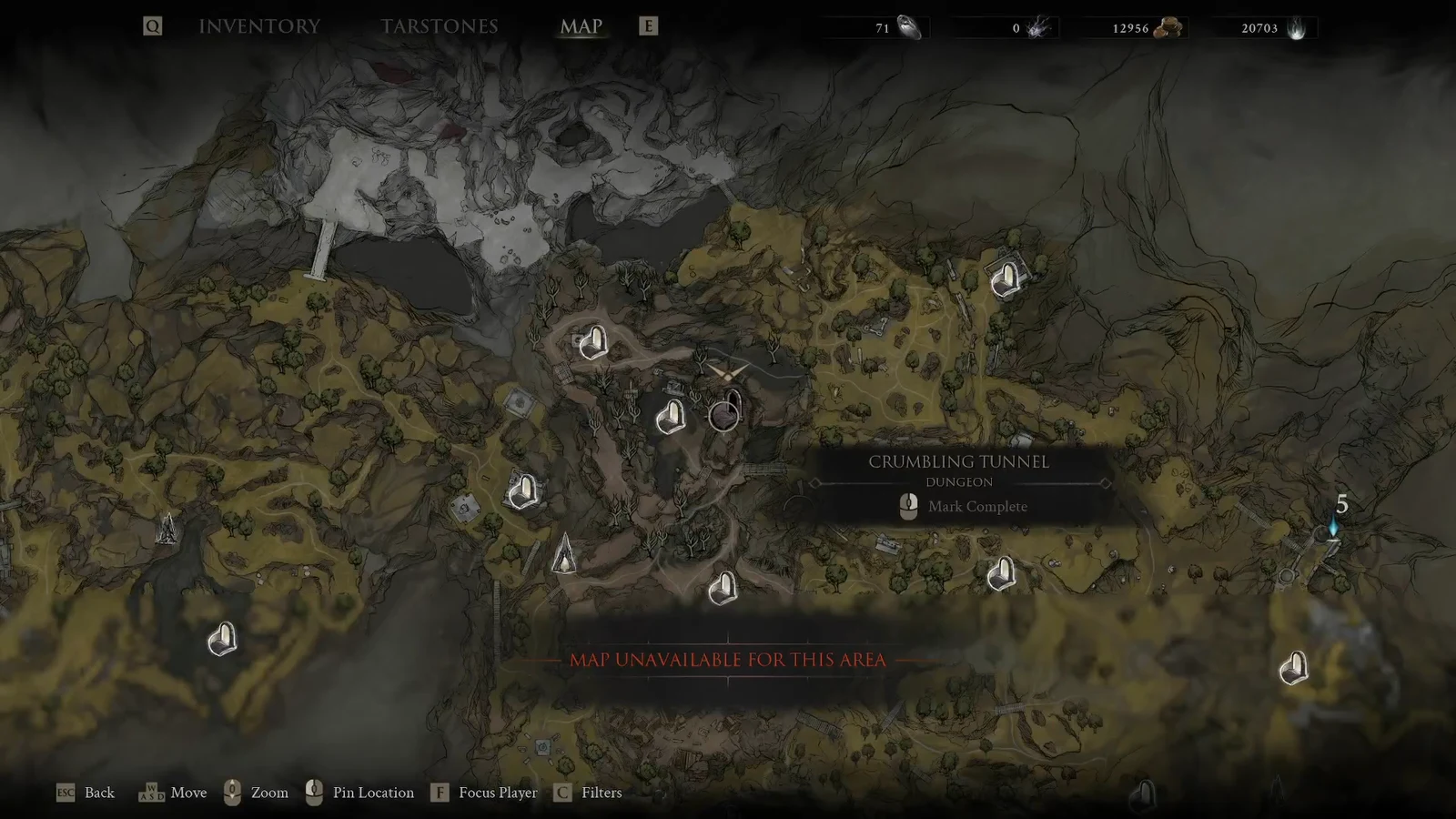 Map cursor over the Crumbling Tunnel dungeon icon with a Mark Complete prompt
