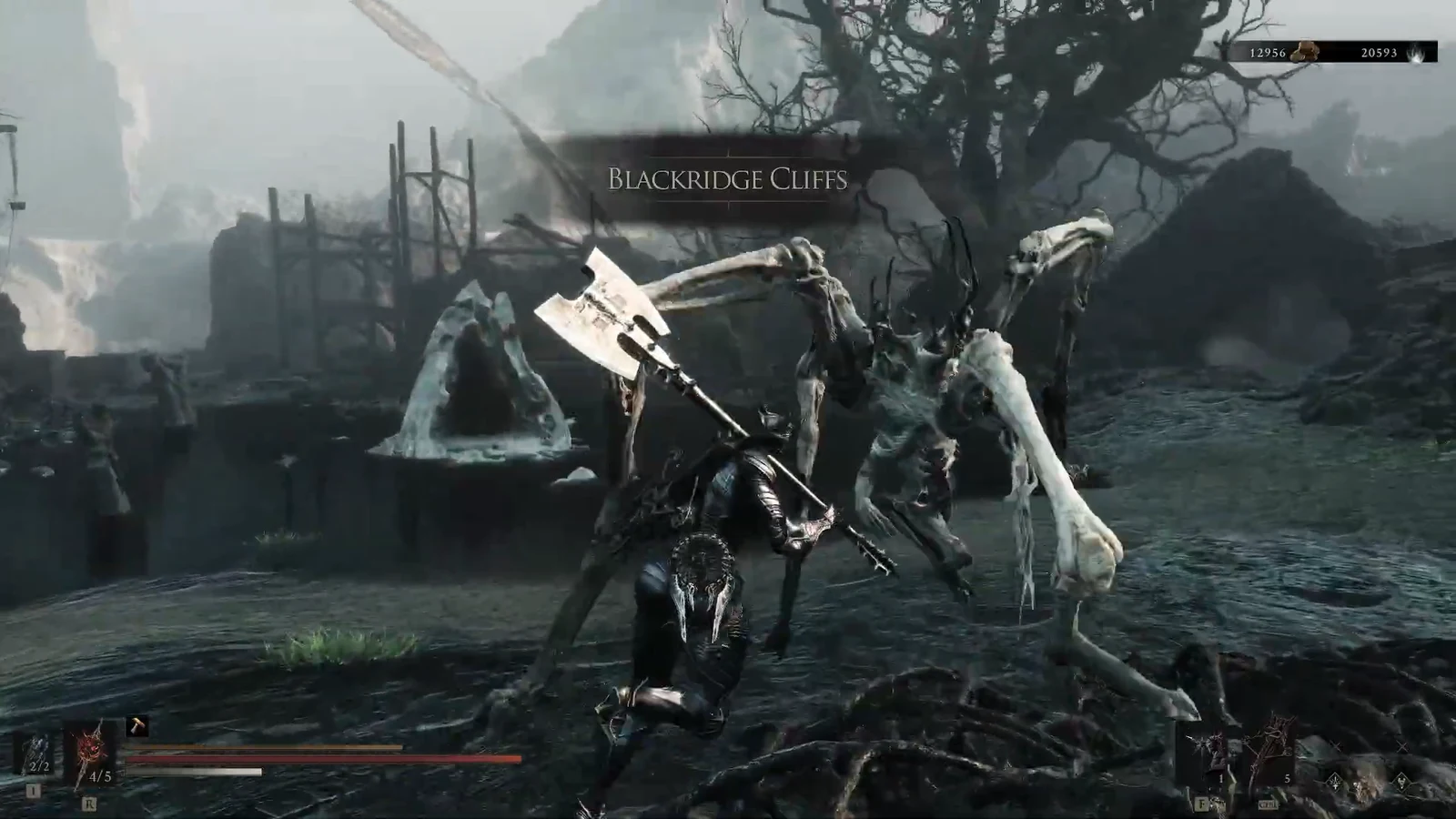 Armored figure swinging a large axe at a towering skeletal foe in Blackridge Cliffs