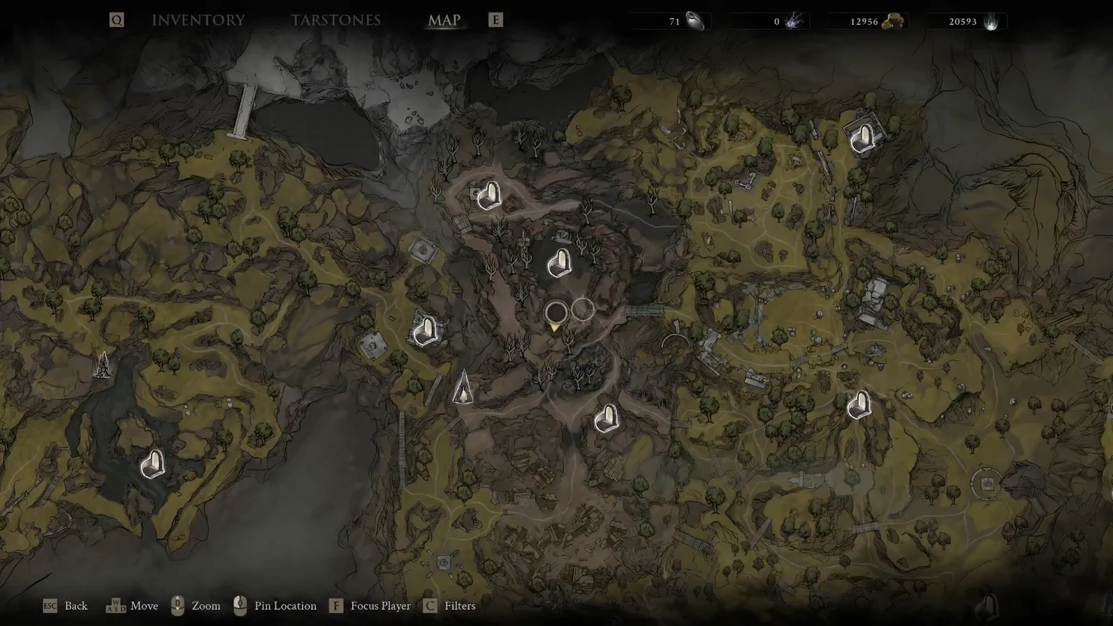 World map with fast-travel beacons and the player marker in Blackridge Cliffs